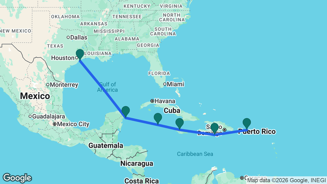 Route map: San Juan -> Cabo Rojo -> Falmouth -> Grand Cayman -> Cozumel -> Galveston