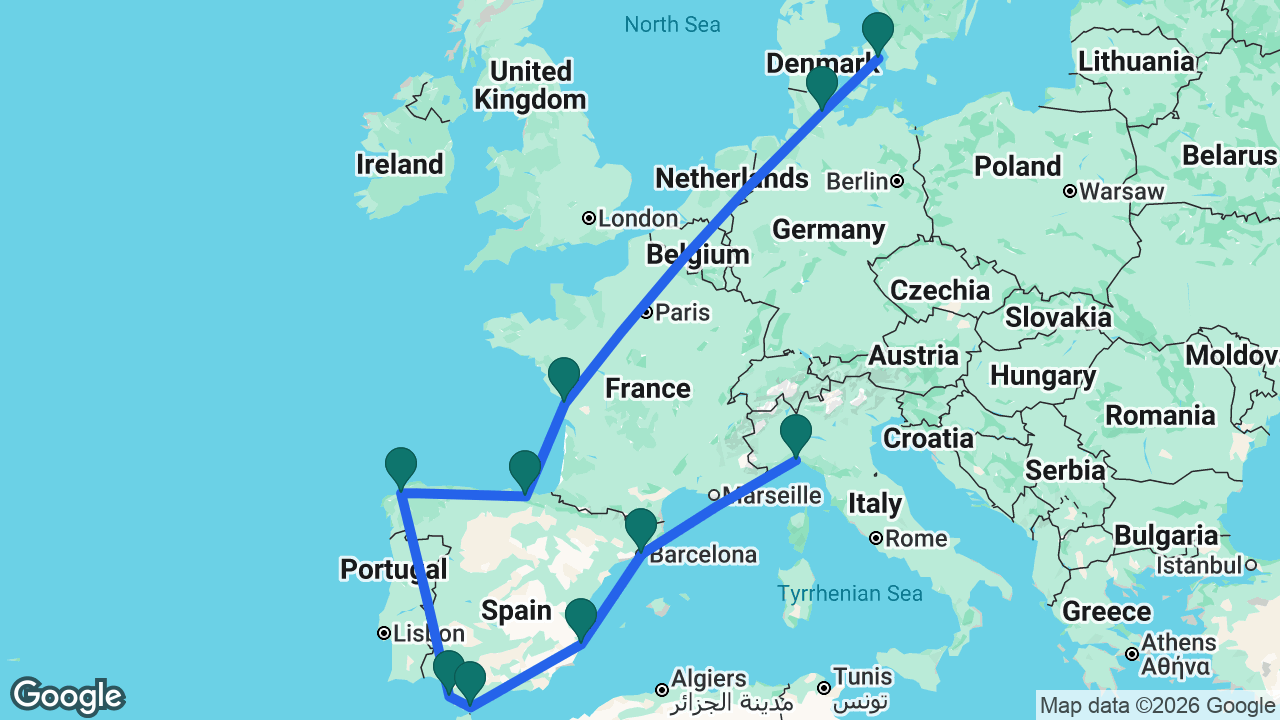 Route map: Genoa -> Barcelona -> Alicante -> Gibraltar -> Cádiz -> La Coruña -> Bilbao -> La Rochelle -> Kiel -> Copenhagen