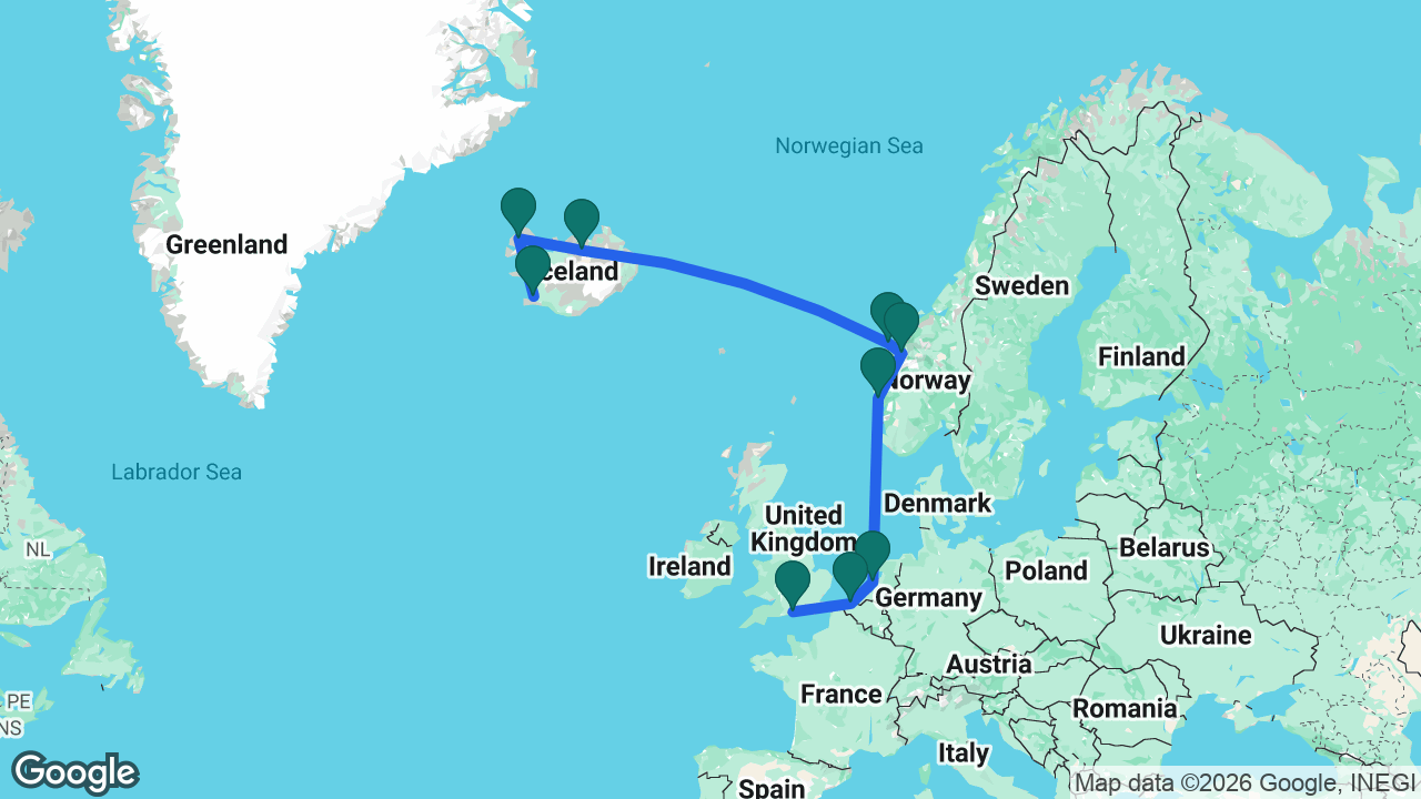 Route map: Southampton -> Bruges -> Amsterdam -> Bergen -> Geiranger -> Ålesund -> Akureyri -> Isafjordur -> Reykjavik