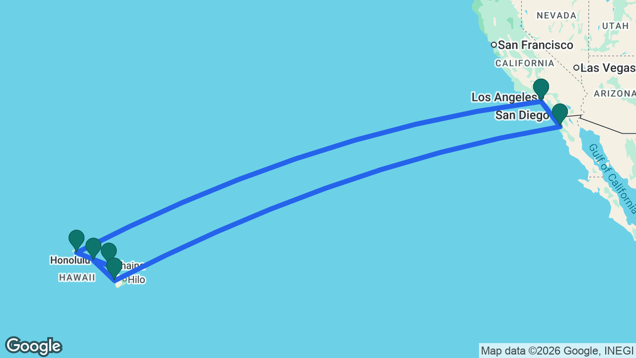 Route map: Los Angeles -> Kauai -> Maui -> Honolulu -> Kona -> Ensenada -> Los Angeles