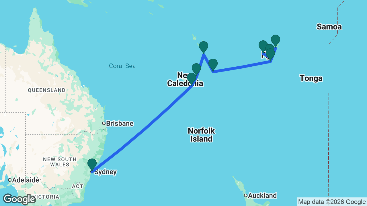 Route map: Sydney -> Nouméa -> Lifou -> Port Vila -> Mystery Island -> Dravuni Island -> Savusavu -> Fiji -> Lautoka