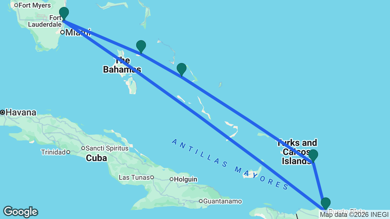 Route map: Fort Lauderdale -> Nassau -> Half Moon Cay -> Grand Turk -> Amber Cove -> Fort Lauderdale
