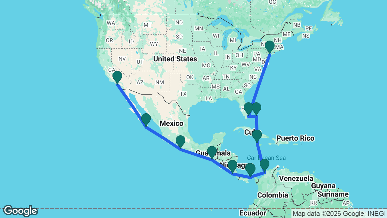 Route map: Los Angeles -> Cabo -> Acapulco -> Puerto Quetzal -> Puntarenas -> Panama City -> Panama Canal -> Cartagena -> Falmouth -> Great Stirrup Cay -> Miami -> New York