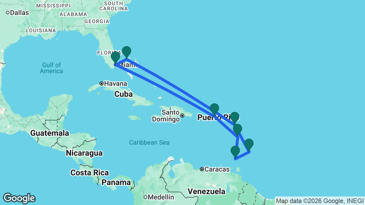 Route map: Miami -> St. Thomas -> Dominica -> Grenada -> Barbados -> Antigua -> Celebration Key -> Miami