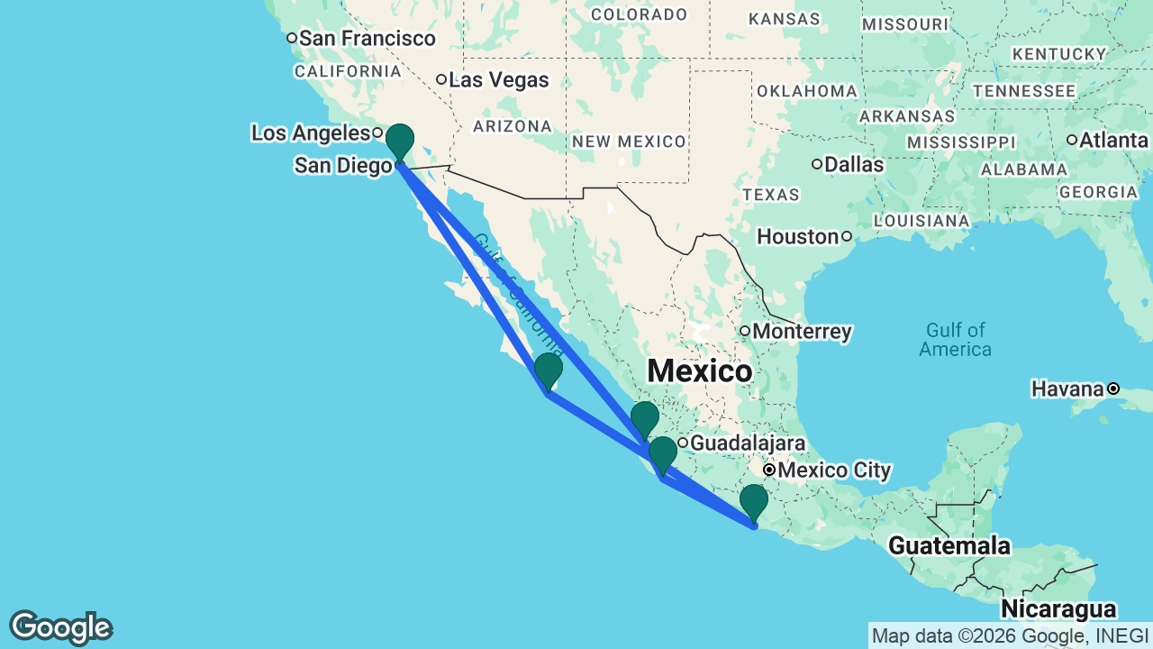 Route map: San Diego -> Puerto Vallarta -> Manzanillo -> Acapulco -> Cabo -> San Diego