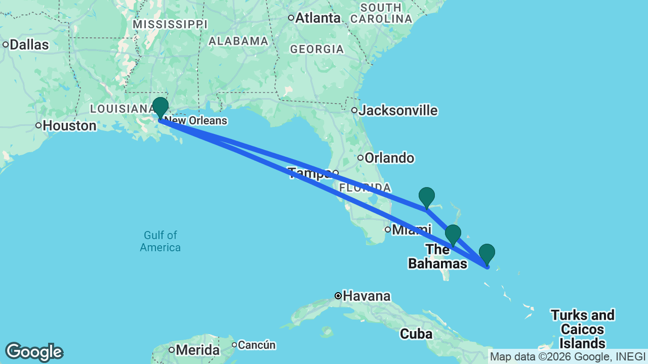 Route map: New Orleans -> Nassau -> Half Moon Cay -> Celebration Key -> New Orleans