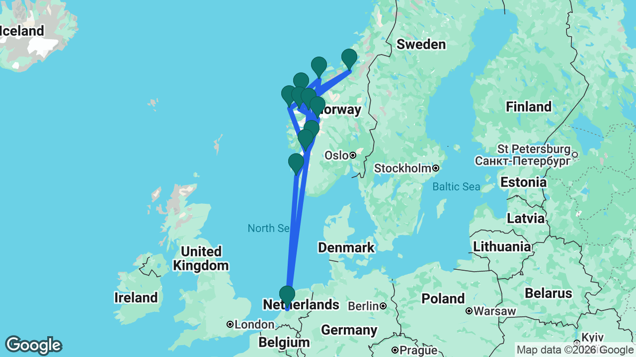 Route map: Amsterdam -> Kristiansund -> Ålesund -> Olden -> Odda -> Måløy -> Trondheim -> Nordfjordeid -> Skjolden -> Eidfjord -> Stavanger -> Amsterdam