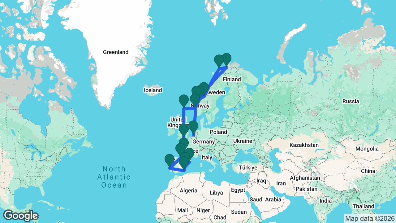 Route map: Rotterdam -> Ålesund -> Trondheim -> Tromsø -> Alta -> Åndalsnes -> Bergen -> Lerwick -> Portsmouth -> Bordeaux -> Bilbao -> Lisbon -> Cartagena -> Valencia -> Barcelona