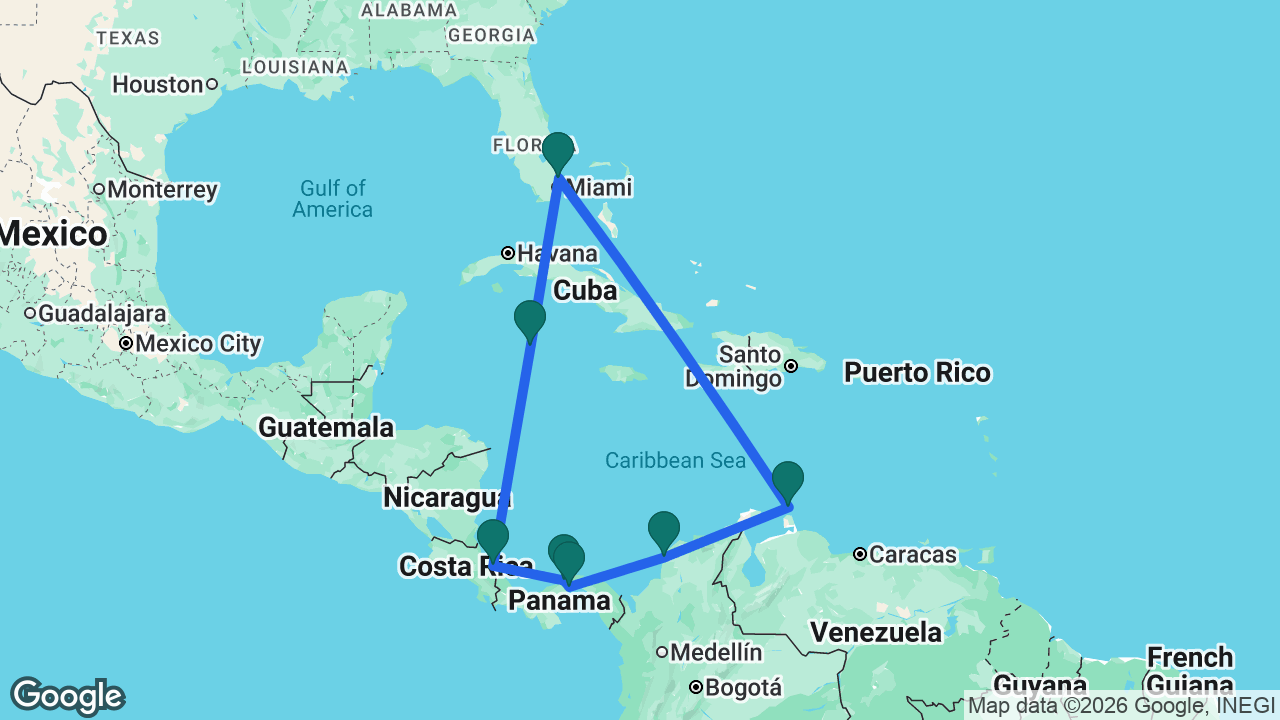 Route map: Fort Lauderdale -> Aruba -> Cartagena -> Panama Canal -> Colón -> Limón -> Grand Cayman -> Fort Lauderdale