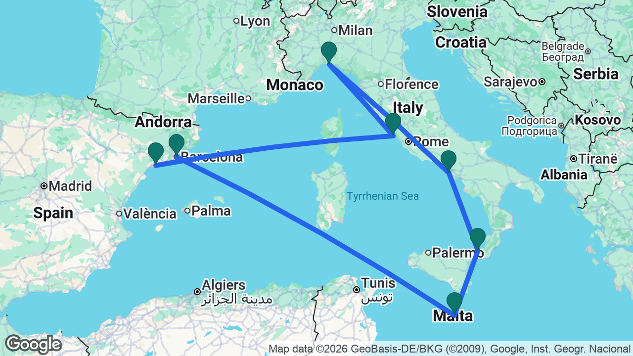 Route map: Tarragona -> Rome -> Genoa -> Naples -> Messina -> Valletta -> Barcelona