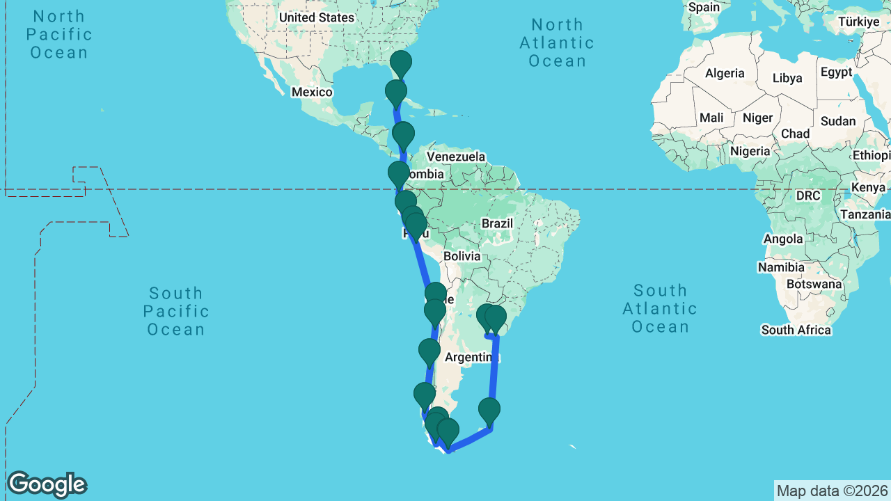 Route map: Buenos Aires -> Montevideo -> Port Stanley -> Ushuaia -> Beagle Channel -> Punta Arenas -> Cockburn Channel -> Pío XI Glacier -> Puerto Montt -> San Antonio -> Coquimbo -> General San Martín -> Lima -> Salaverry -> Manta -> Panama City -> Panama Canal -> Grand Cayman -> Fort Lauderdale