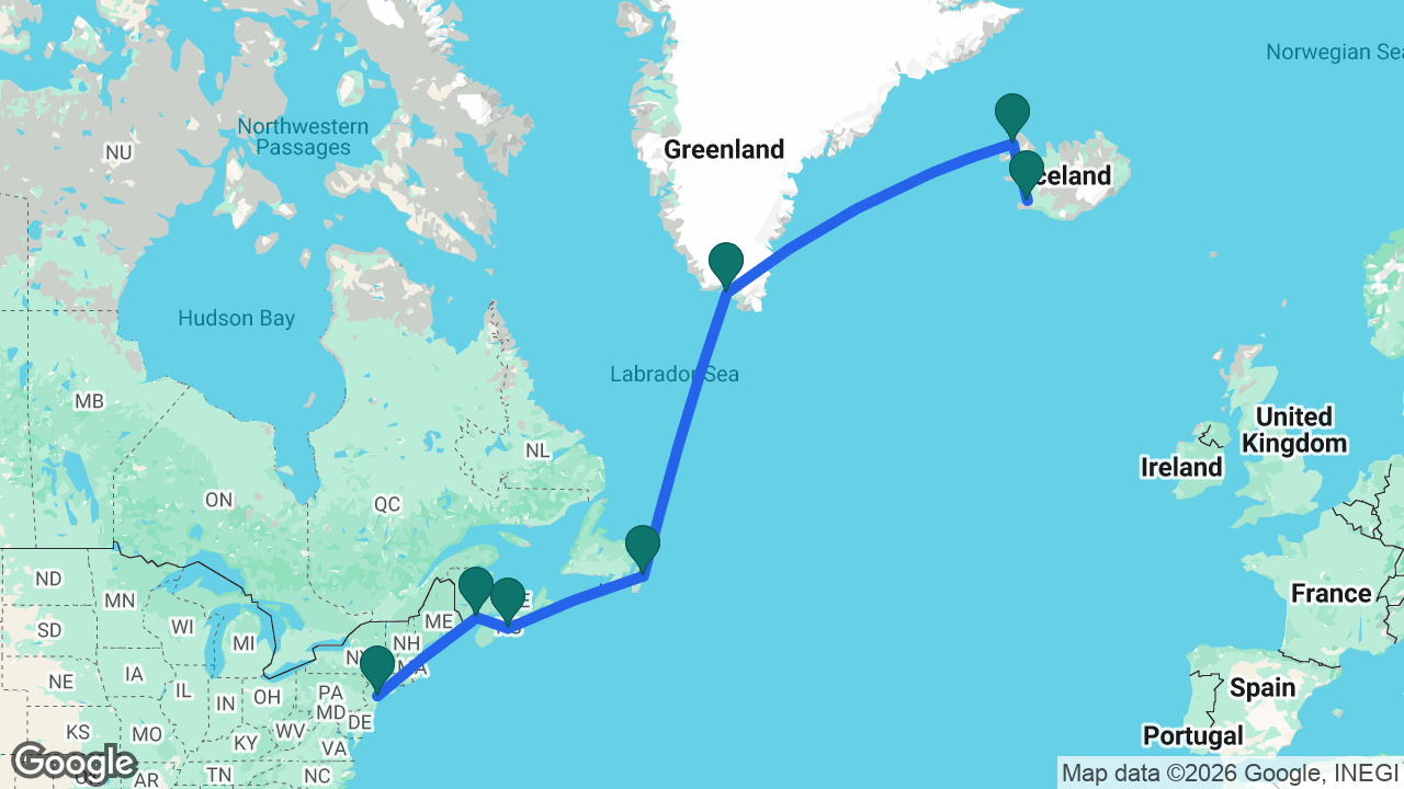 Route map: Cape Liberty -> Saint John -> Halifax -> St. John's -> Qaqortoq -> Isafjordur -> Reykjavik