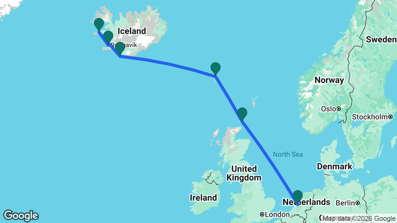 Route map: Reykjavik -> Grundarfjordur -> Heimaey -> Runavík -> Kirkwall -> Amsterdam