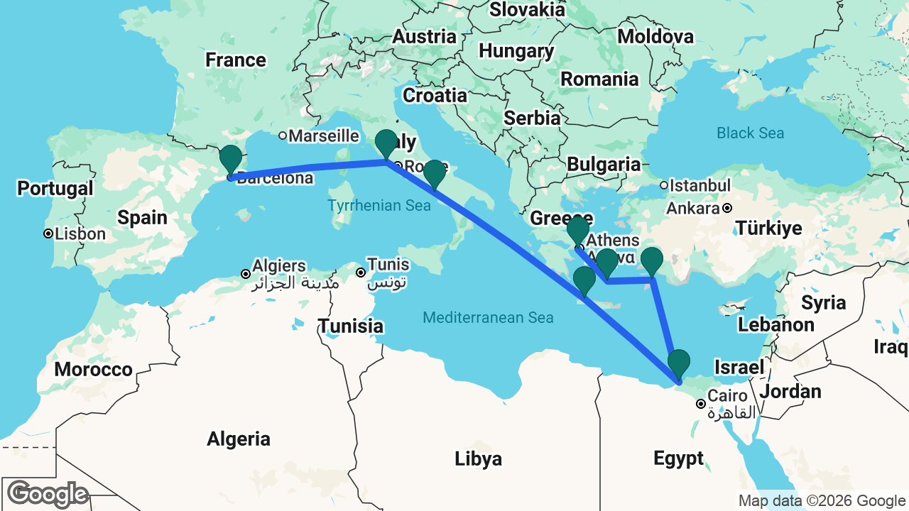 Route map: Athens -> Santorini -> Rhodes -> Alexandria -> Chania -> Amalfi Coast -> Rome -> Barcelona