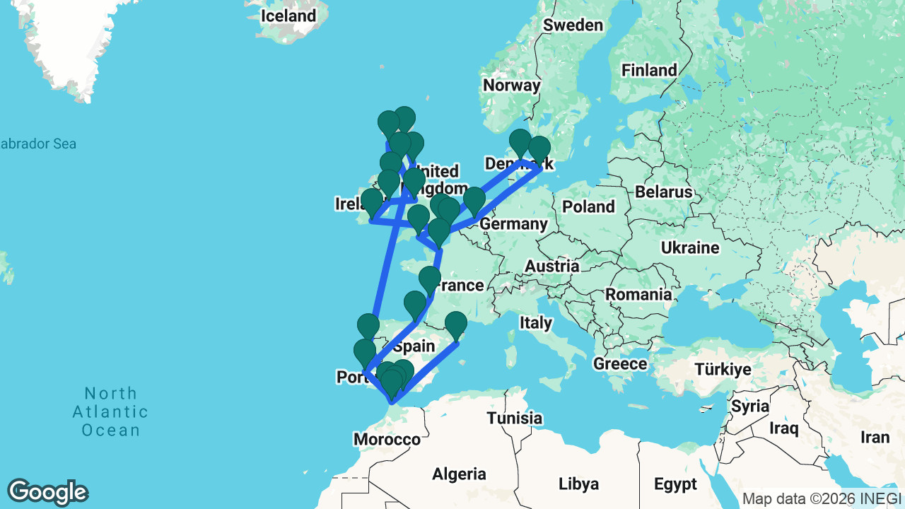 Route map: Dover -> Rotterdam -> Copenhagen -> Aarhus -> Tilbury -> Portland -> Paris -> Bordeaux -> Bilbao -> Lisbon -> Cádiz -> Tangier -> Málaga -> Barcelona -> Gibraltar -> Porto -> Newhaven -> Invergordon -> Isle of Skye -> Belfast -> Glasgow -> Liverpool -> Dún Laoghaire -> Cobh -> Dover