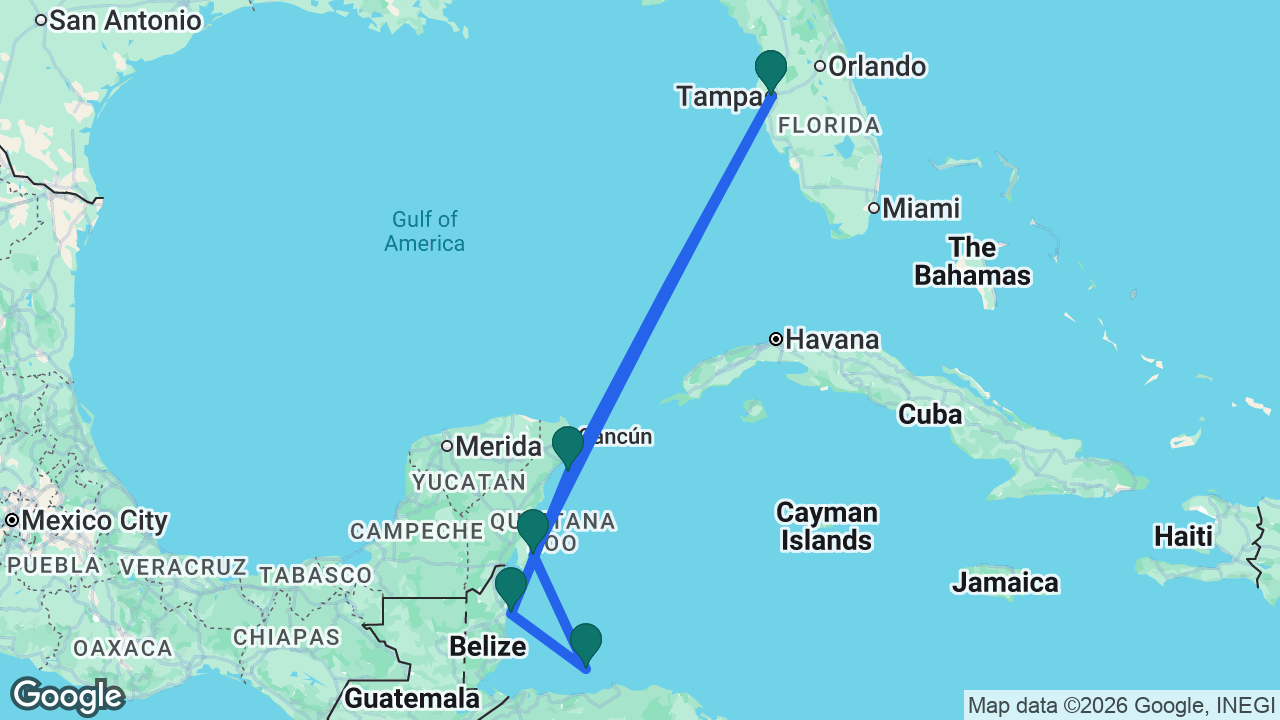Route map: Tampa -> Costa Maya -> Roatán -> Belize City -> Cozumel -> Tampa