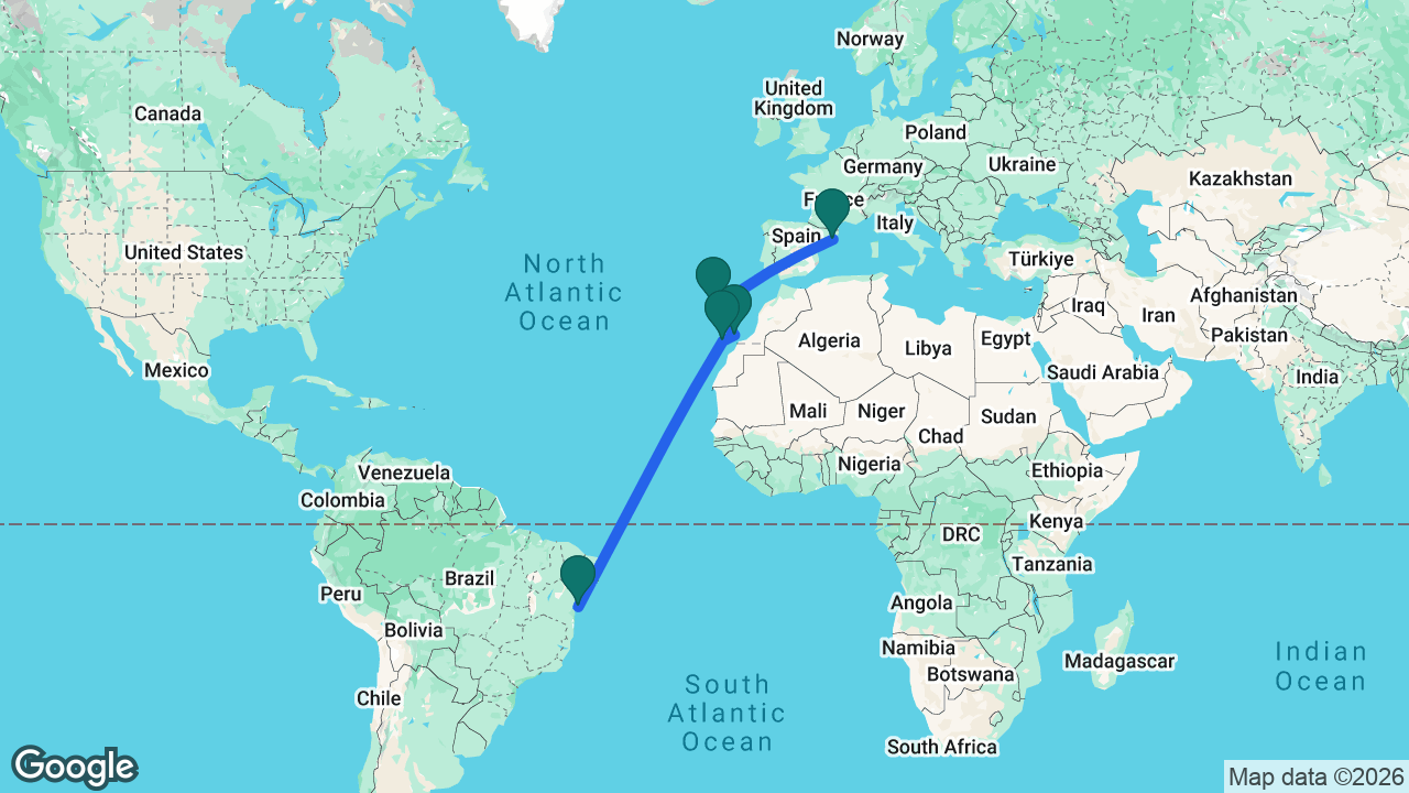 Route map: Barcelona -> Madeira -> Lanzarote -> Gran Canaria -> Salvador