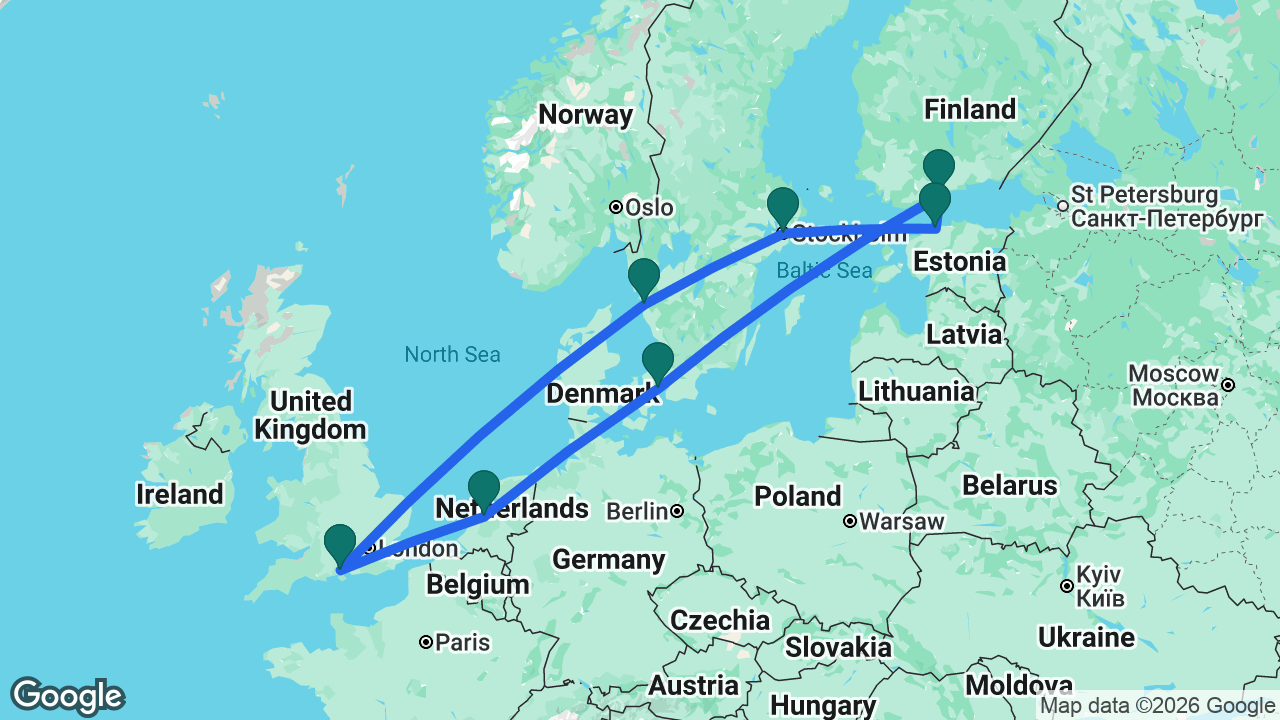 Route map: Southampton -> Gothenburg -> Stockholm -> Tallinn -> Helsinki -> Copenhagen -> Amsterdam -> Southampton
