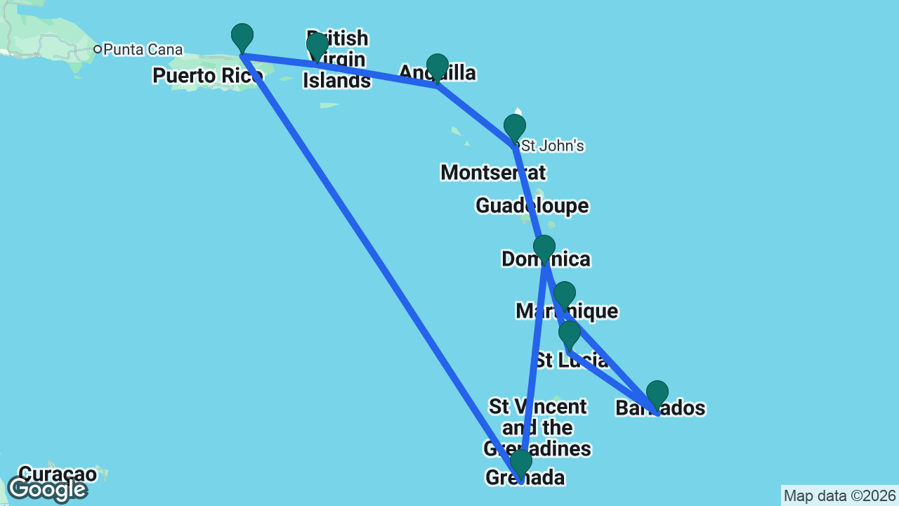 Route map: San Juan -> St. Thomas -> St. Maarten -> Antigua -> St. Lucia -> Barbados -> Martinique -> Dominica -> Grenada -> San Juan