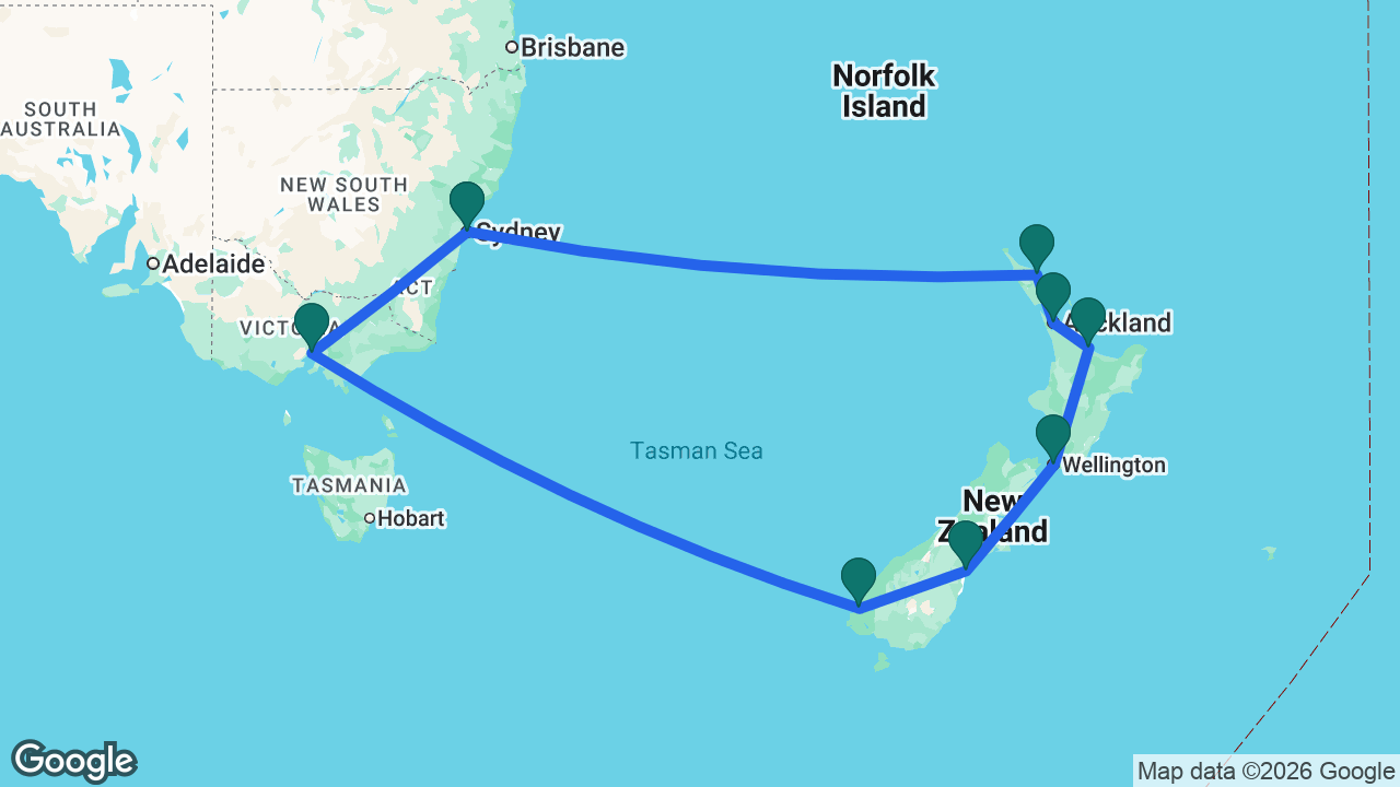 Route map: Sydney -> Melbourne -> Dusky Sound -> Timaru -> Wellington -> Tauranga -> Auckland -> Bay of Islands -> Sydney