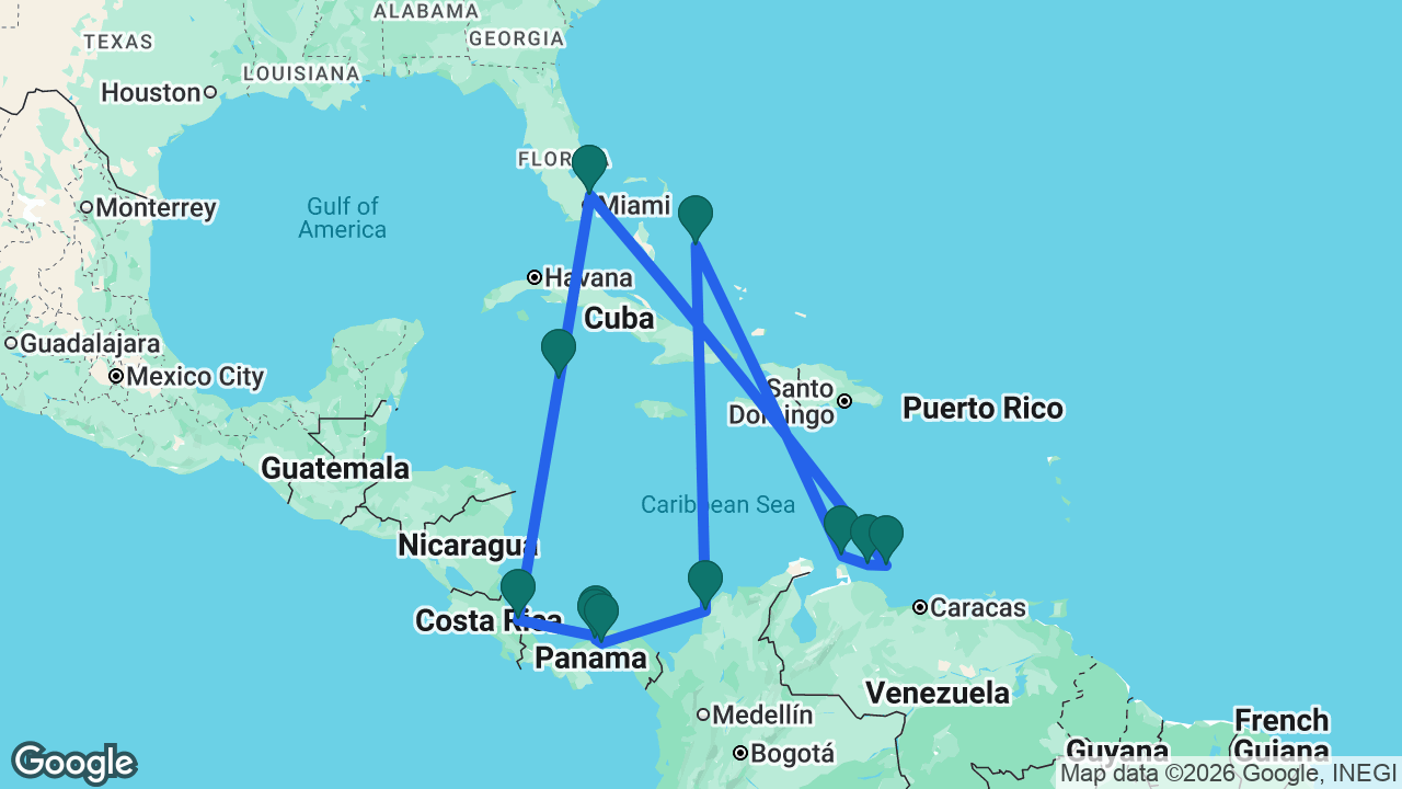 Route map: Fort Lauderdale -> Bonaire -> Curaçao -> Aruba -> Half Moon Cay -> Cartagena -> Panama Canal -> Gatún Lake -> Colón -> Limón -> Grand Cayman -> Fort Lauderdale