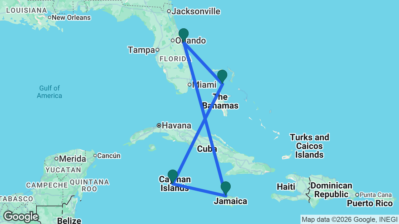 Route map: Port Canaveral -> Great Stirrup Cay -> Grand Cayman -> Falmouth -> Port Canaveral