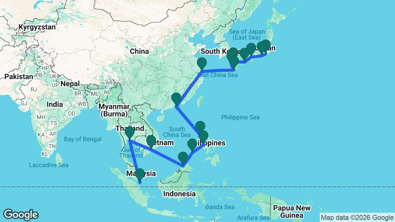 Route map: Singapore -> Bangkok -> Ho Chi Minh City -> Kota Kinabalu -> Puerto Princesa -> Boracay -> Manila -> Hong Kong -> Shanghai -> Kagoshima -> Nagasaki -> Fukuoka -> Kochi -> Osaka -> Mount Fuji -> Tokyo