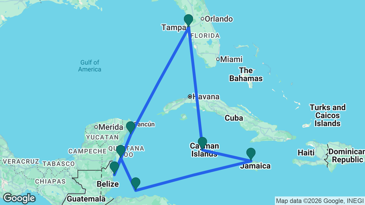 Route map: Tampa -> Cozumel -> Belize City -> Costa Maya -> Roatán -> Falmouth -> Grand Cayman -> Tampa