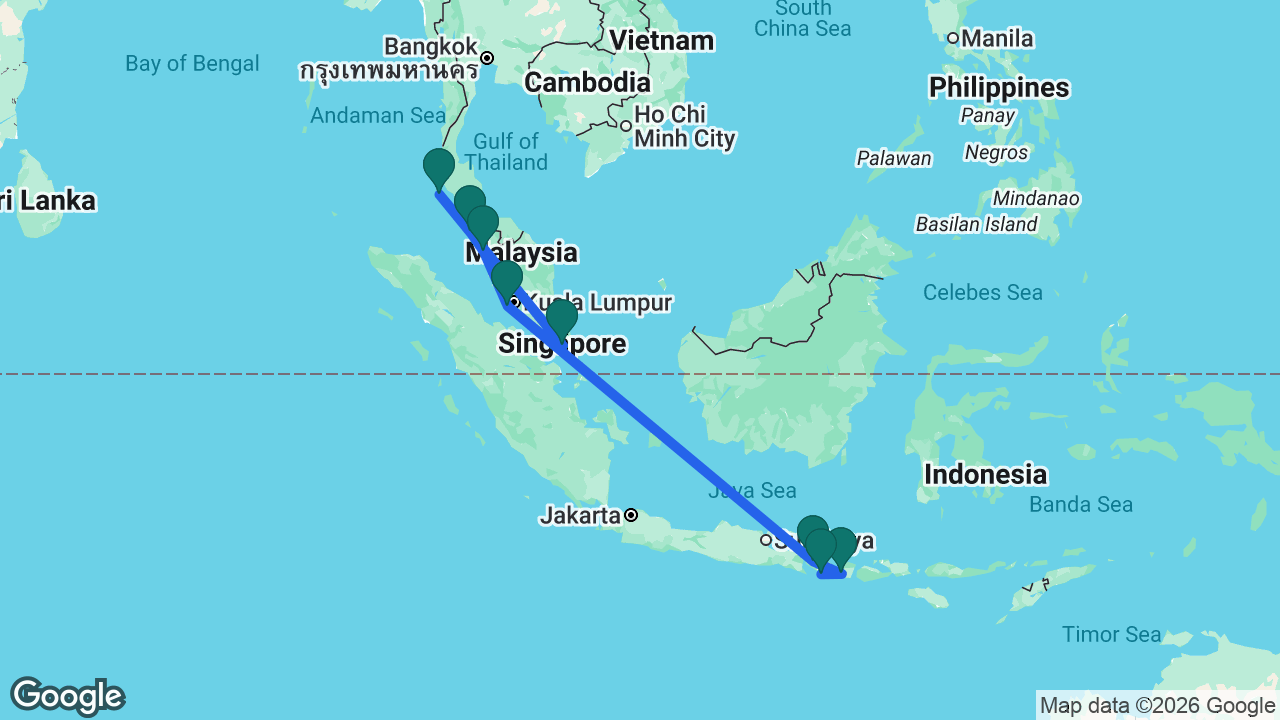Route map: Singapore -> Phuket -> Langkawi -> Penang -> Kuala Lumpur -> Celukan Bawang -> Lembar -> Bali