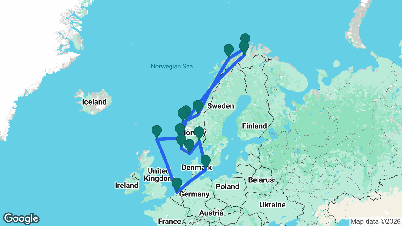 Route map: Rotterdam -> Copenhagen -> Oslo -> Kristiansand -> Sandnes -> Ålesund -> Trondheim -> Tromsø -> Hammerfest -> Alta -> Molde -> Bergen -> Lerwick -> Rotterdam
