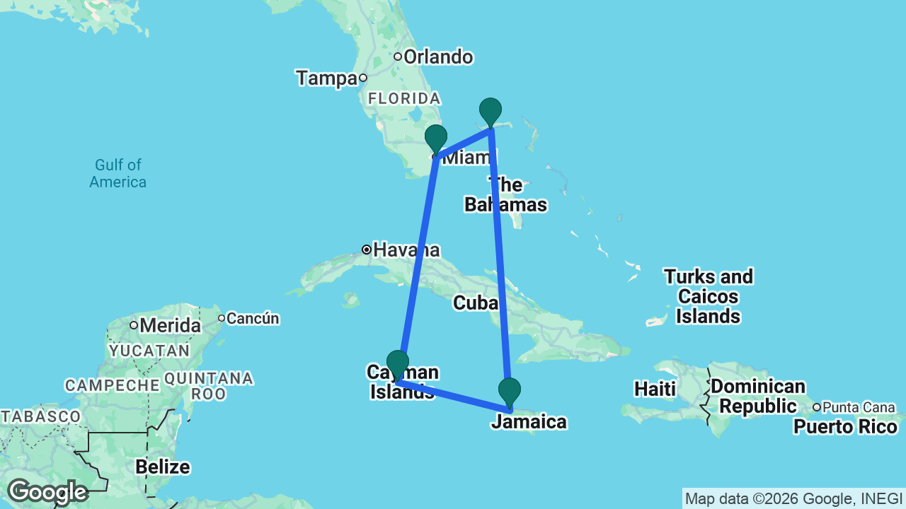 Route map: Miami -> Celebration Key -> Montego Bay -> Grand Cayman -> Miami