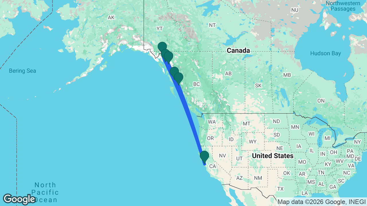 Route map: San Francisco -> Juneau -> Skagway -> Tracy Arm -> Ketchikan -> Prince Rupert -> San Francisco