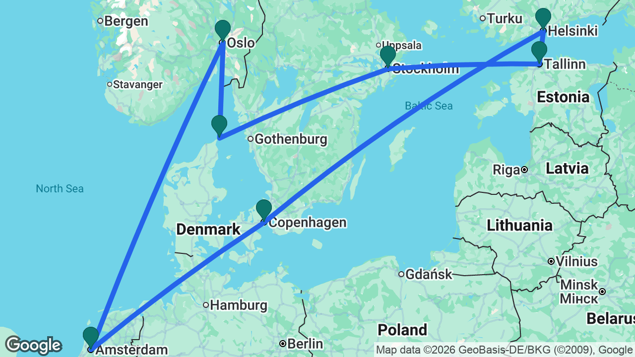 Route map: Amsterdam -> Oslo -> Skagen -> Stockholm -> Tallinn -> Helsinki -> Copenhagen -> Amsterdam