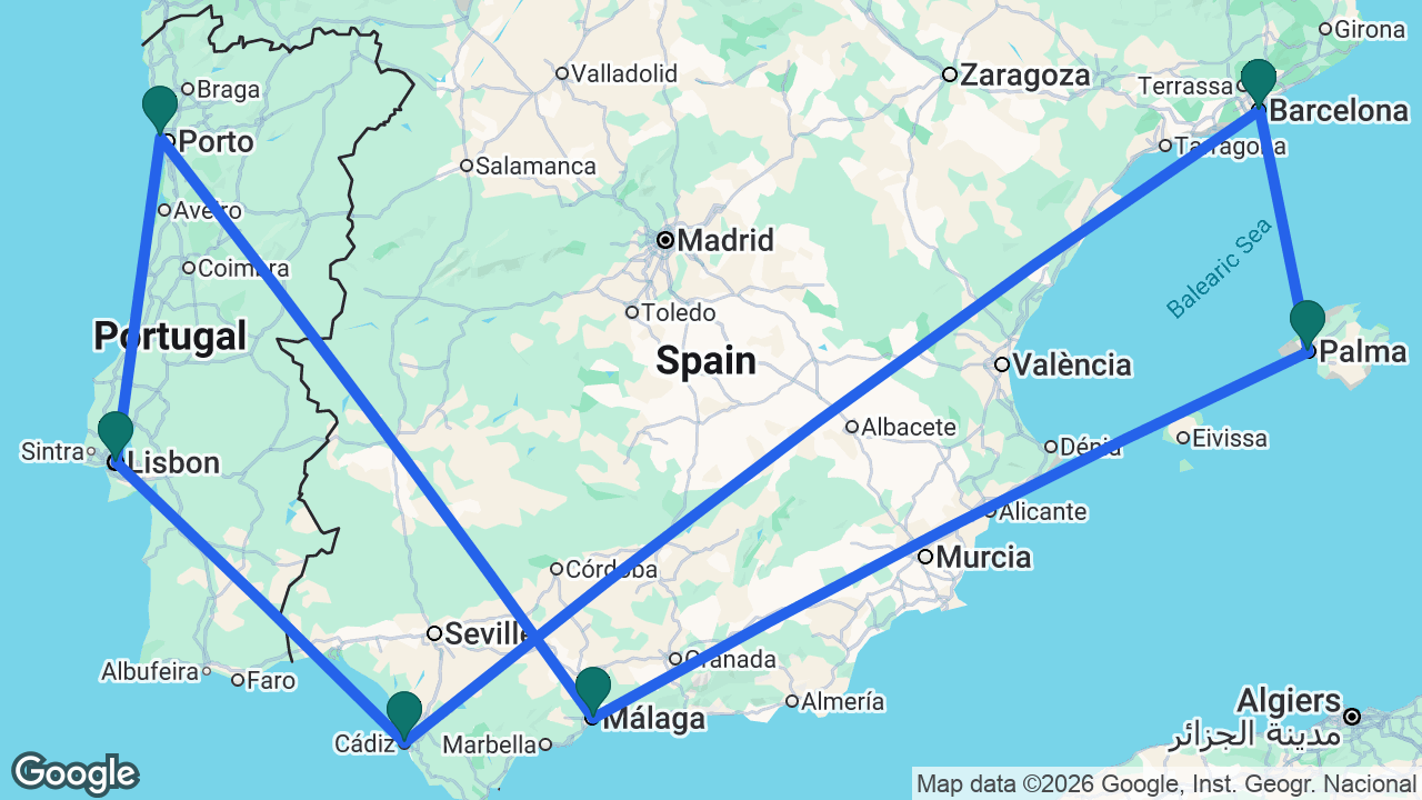 Route map: Barcelona -> Cádiz -> Lisbon -> Porto -> Málaga -> Mallorca -> Barcelona
