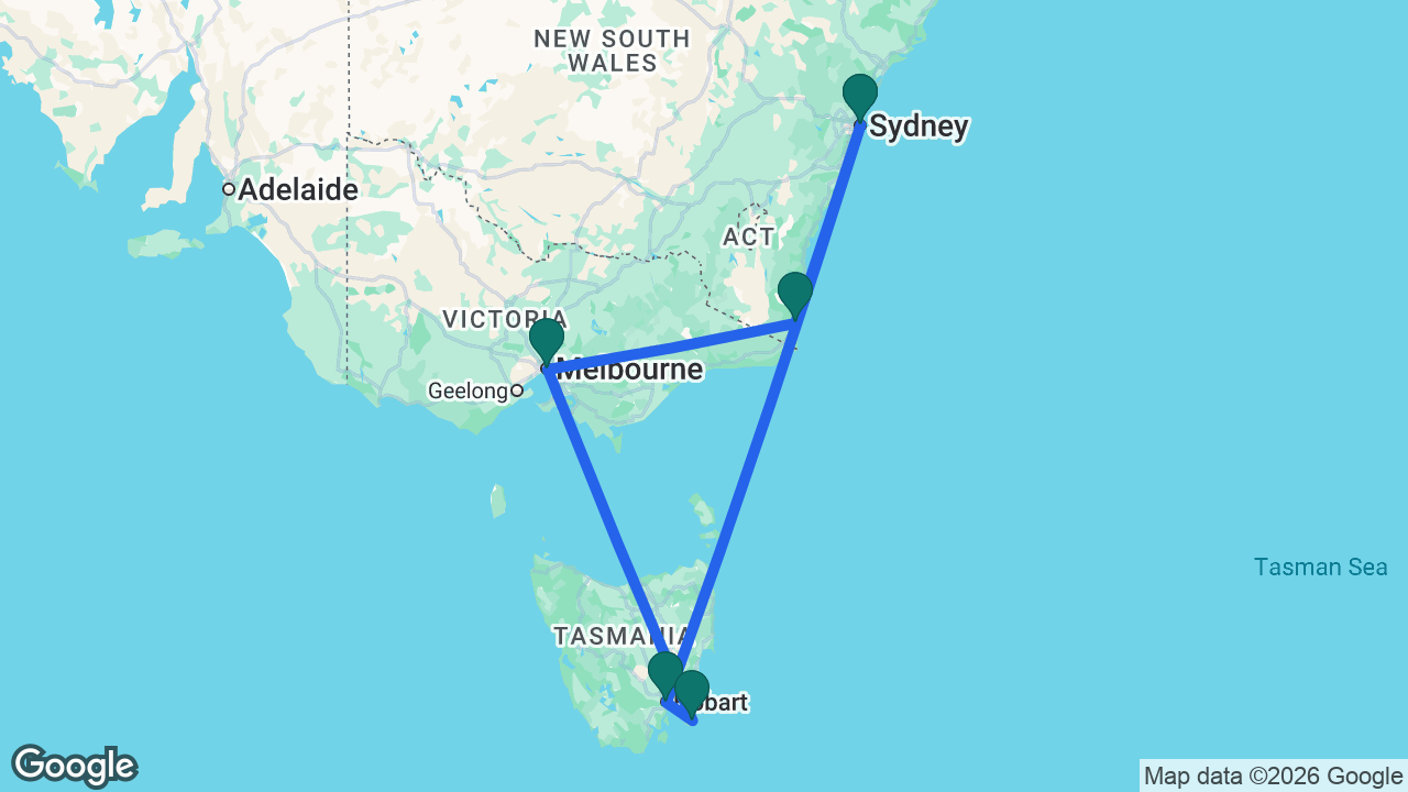 Route map: Sydney -> Hobart -> Port Arthur -> Melbourne -> Eden -> Sydney