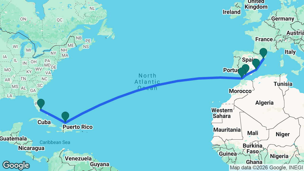 Route map: Barcelona -> Alicante -> Málaga -> Tangier -> Grand Turk -> Miami