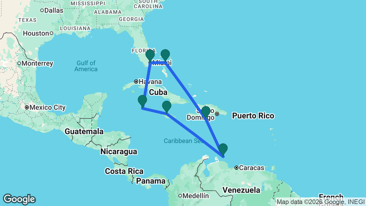 Route map: Miami -> Great Stirrup Cay -> Cabo Rojo -> Curaçao -> Falmouth -> Grand Cayman -> Miami