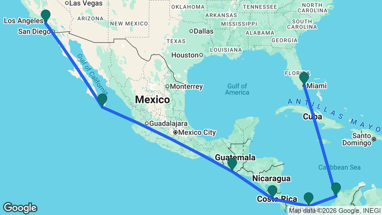 Route map: Los Angeles -> Cabo -> Puerto Quetzal -> Puntarenas -> Panama City -> Cartagena -> Miami