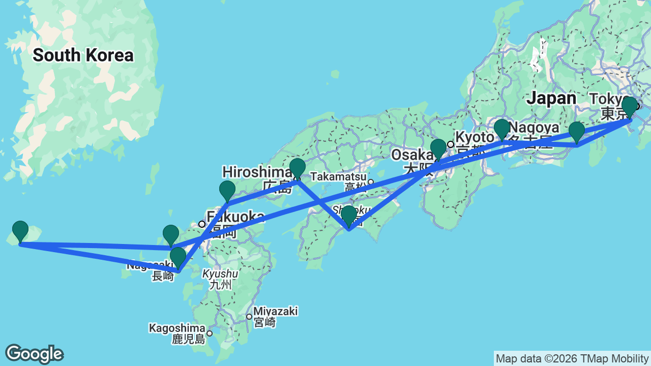 Route map: Tokyo -> Mount Fuji -> Nagoya -> Osaka -> Kochi -> Hiroshima -> Shimonoseki -> Nagasaki -> Jeju -> Sasebo -> Tokyo