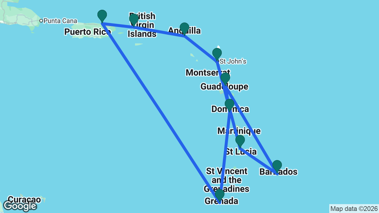 Route map: San Juan -> St. Thomas -> St. Maarten -> Antigua -> St. Lucia -> Barbados -> Guadeloupe -> Dominica -> Grenada -> San Juan