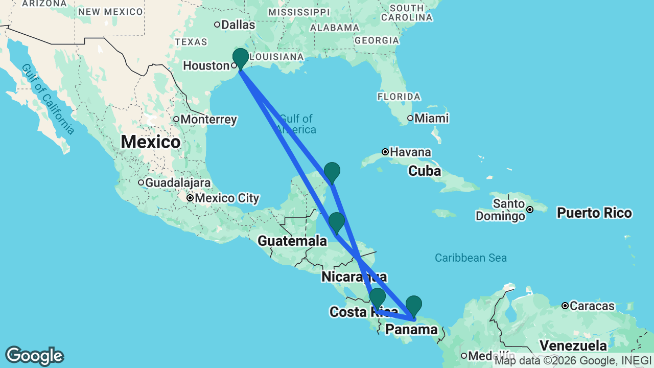 Route map: Galveston -> Cozumel -> Limón -> Colón -> Roatán -> Galveston