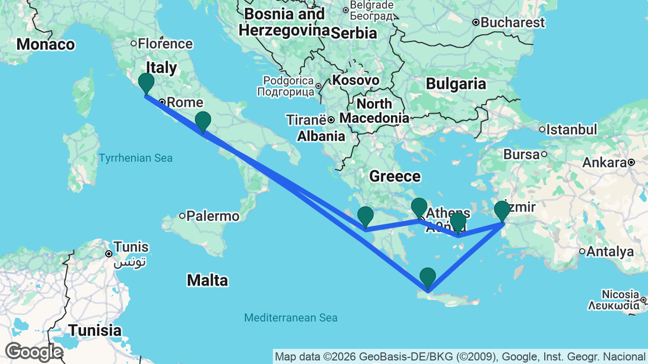 Route map: Rome -> Chania -> Ephesus -> Mykonos -> Athens -> Katakolon -> Naples -> Rome