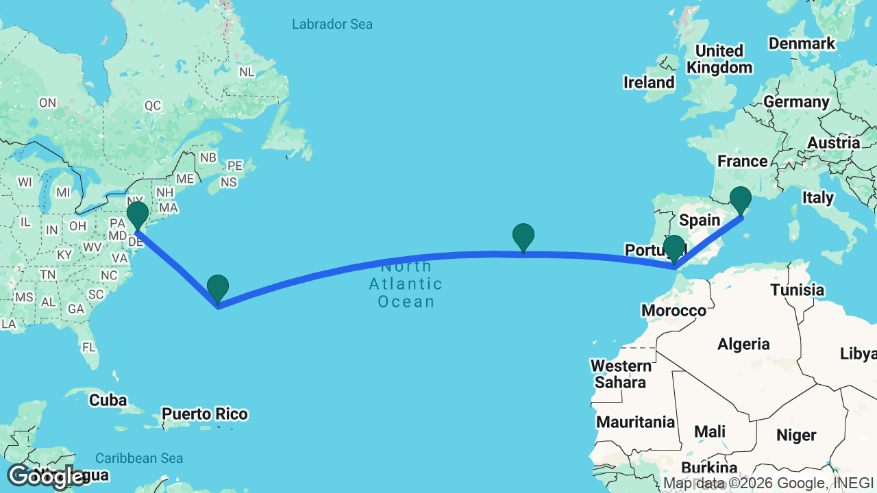 Route map: Barcelona -> Cádiz -> Azores -> Bermuda -> Philadelphia