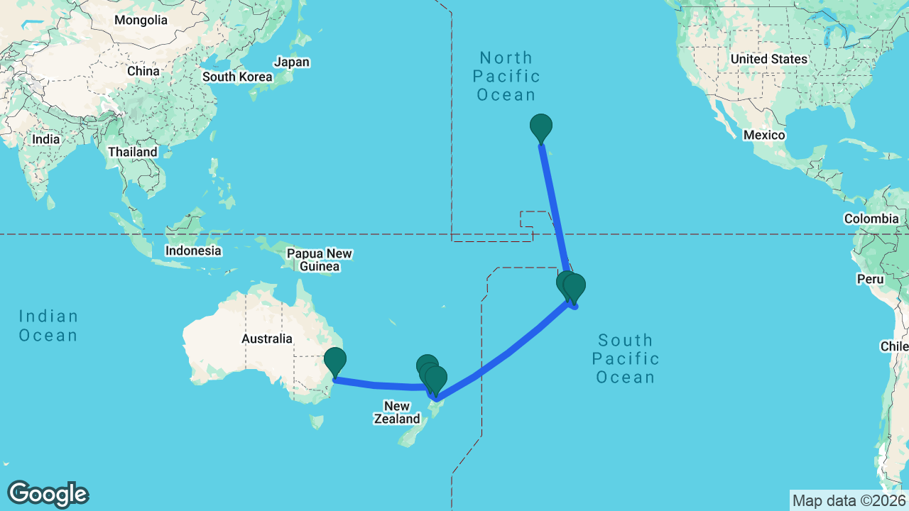 Route map: Honolulu -> Moorea -> Tahiti -> Raiatea -> Tauranga -> Auckland -> Bay of Islands -> Sydney
