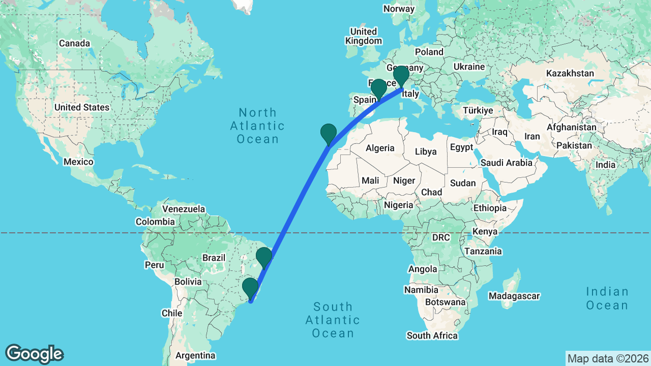 Route map: Genoa -> Tarragona -> Tenerife -> Salvador -> Rio