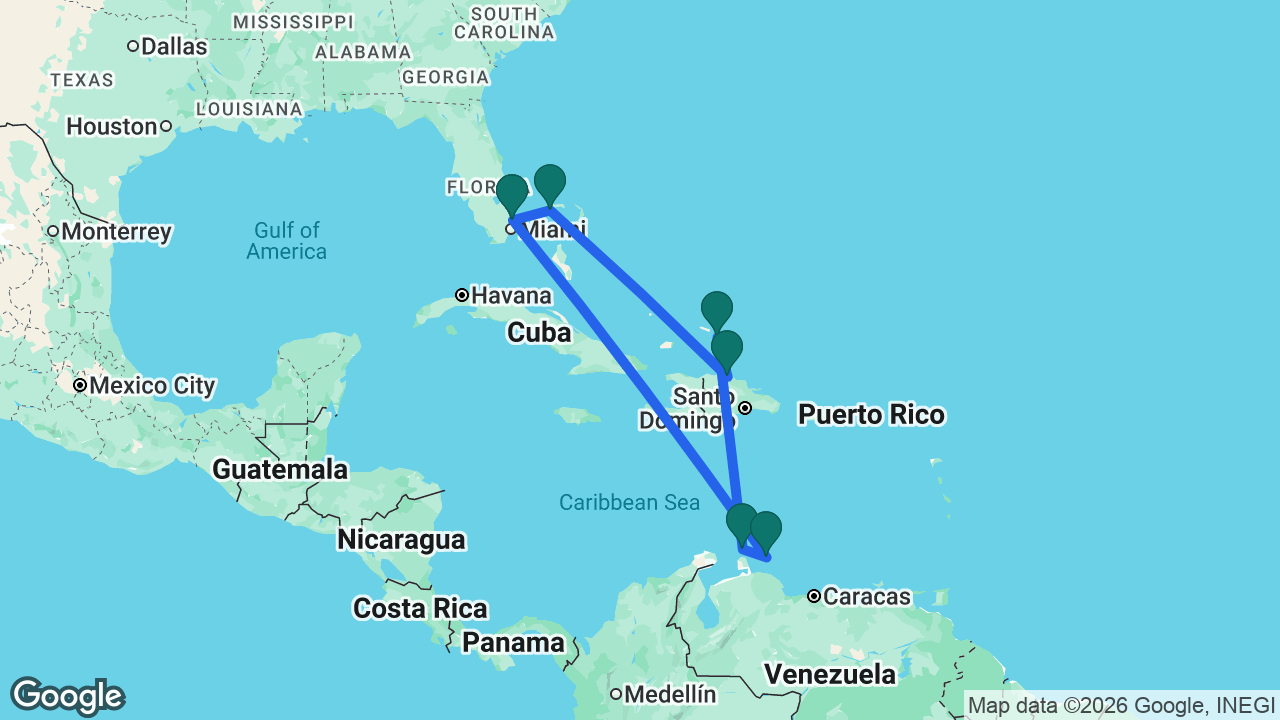 Route map: Fort Lauderdale -> Celebration Key -> Amber Cove -> Grand Turk -> Aruba -> Curaçao -> Fort Lauderdale