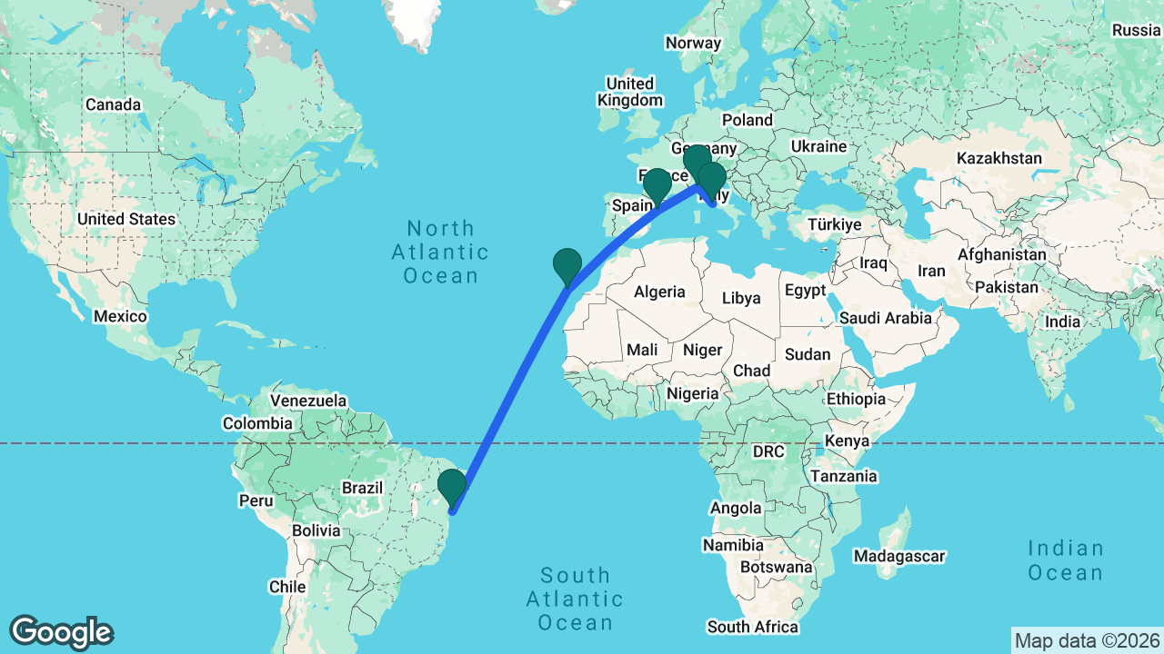 Route map: Rome -> Genoa -> Tarragona -> Tenerife -> Salvador