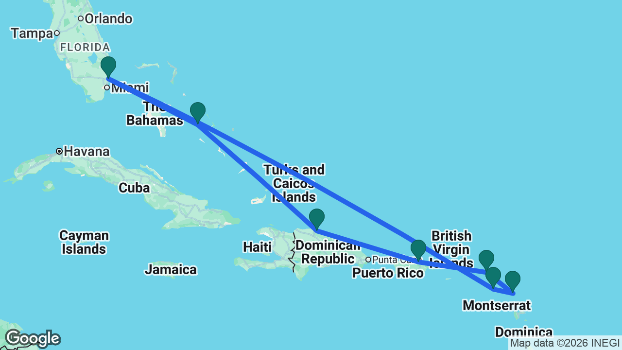 Route map: Fort Lauderdale -> Princess Cays -> Amber Cove -> San Juan -> St. Maarten -> Antigua -> St. Kitts -> Fort Lauderdale