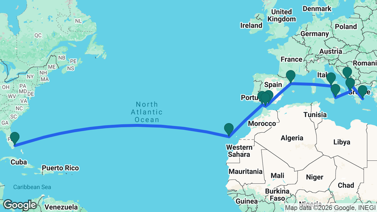 Route map: Athens -> Bar -> Corfu -> Messina -> Naples -> Barcelona -> Málaga -> Gibraltar -> Cádiz -> Tenerife -> Fort Lauderdale