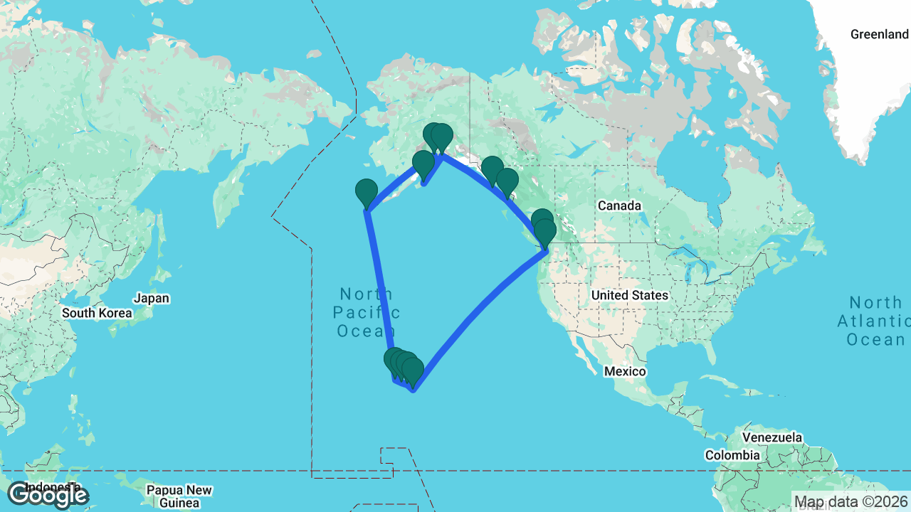 Route map: Seattle -> Vancouver -> Ketchikan -> Sitka -> College Fjord -> Kodiak -> Anchorage -> Dutch Harbor -> Kauai -> Honolulu -> Maui -> Hilo -> Seattle